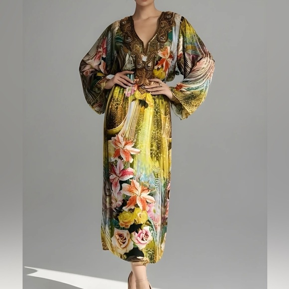 Coco Cache' Boutique Dresses & Skirts - Classy Embellished V-neck Long Flared Sleeves Kaftan Swimsuit Coverup Dress